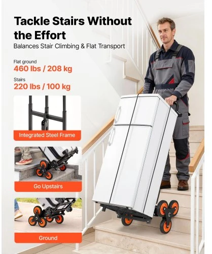 Koduva VEVOR laiptų vežimėlis, 100 kg, sulankstomas, su teleskopine rankena, 6 ratais ir 2 guminiais tempikliais
