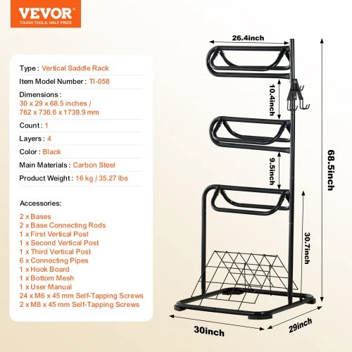 VEVOR Laisvai pastatomas balno stovas, 30 x 30 x 68,5 col., 3 pakopų, juodas