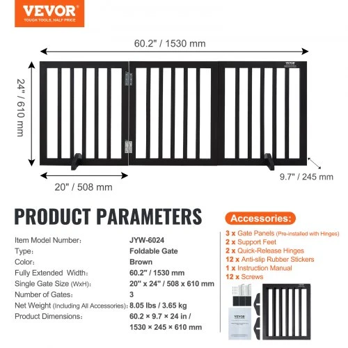 VEVOR Laisvai pastatomas šuns vartelis, 3 panelių, 24" H x 60" W, rudas