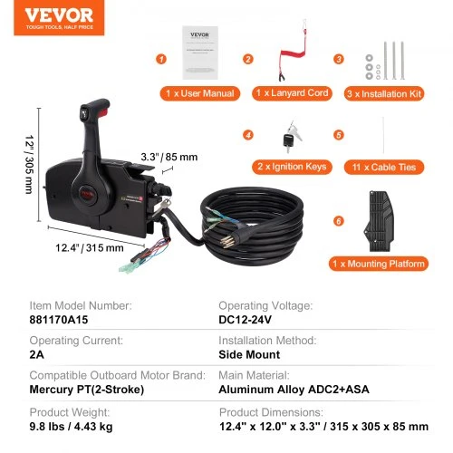 VEVOR Laivo droselio valdymo dėžė 881170A15, šoninis montavimas Mercury PT 2 taktų, Power Trim, 16,3 pėd. laidynas