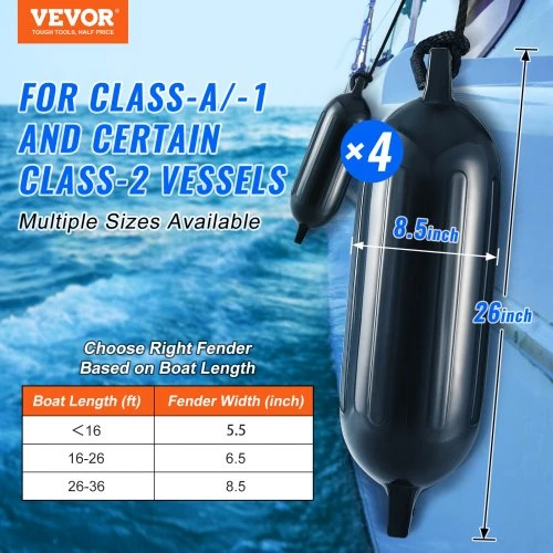 VEVOR Laivo fenderiai, 4 vnt., 8,5 x 26 col., juodi