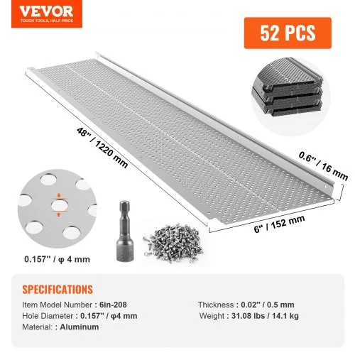 Koduva VEVOR latako apsauga, 152 mm, aliuminio lapų filtras, 52 vnt., 528 cm, 4 mm skylės, 0,5 mm storio