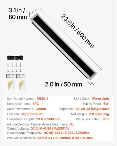 VEVOR Lauko sieninis šviestuvas, 600 mm, 3000 K šiltai balta, IP65
