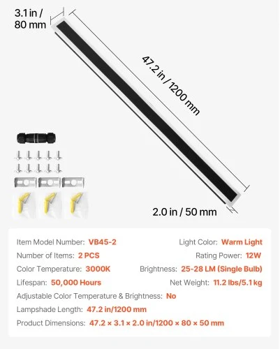 VEVOR Lauko sieninis šviestuvas, 2 vnt., 1200 mm, 3000K šilta balta
