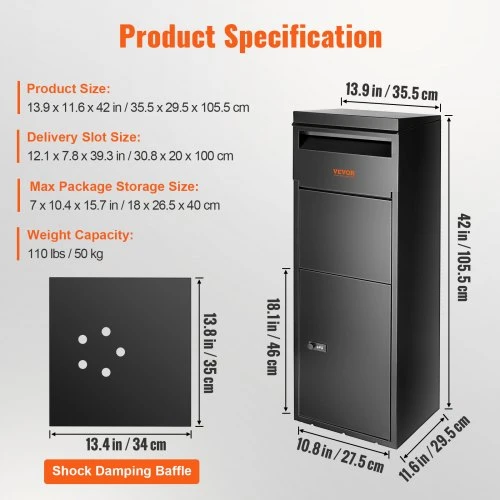 Koduva VEVOR lauko siuntų dėžė 35,3 x 29,5 x 106,7 cm, cinkuoto plieno, su kodine spyna