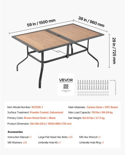 VEVOR Lauko valgomasis stalas, 150 cm, stačiakampis, rudos spalvos, su 38 mm skyle skėčiui