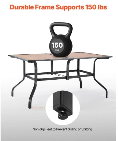 VEVOR Lauko valgomasis stalas, 150 cm, stačiakampis, rudos spalvos, su 38 mm skyle skėčiui