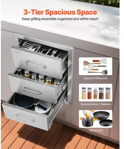 Koduva VEVOR lauko virtuvės stalčiai, 16" x 21,5" x 18", įleidžiamas montavimas, 3 dalių BBQ stalčiai