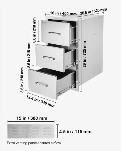 Koduva VEVOR lauko virtuvės stalčiai, 16″ pločio, 28,5″ aukščio, 20,5″ gylio, įleidžiami, 3 stalčių, nerūdijantis plienas