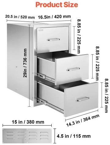 Koduva VEVOR lauko virtuvės stalčiai, 16,5"W x 29"H x 20,5"D, 3 stalčiai, nerūdijančio plieno, įleidžiamas montavimas