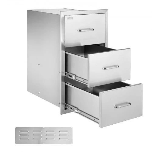 Koduva VEVOR lauko virtuvės stalčiai, 16,5"W x 29"H x 20,5"D, 3 stalčiai, nerūdijančio plieno, įleidžiamas montavimas