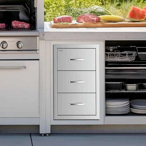 Koduva VEVOR lauko virtuvės stalčiai, 16,5"W x 29"H x 20,5"D, 3 stalčiai, nerūdijančio plieno, įleidžiamas montavimas