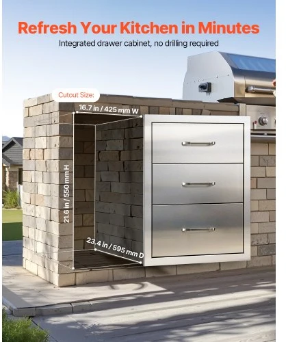 Koduva VEVOR lauko virtuvės stalčiai, 18,11" W x 23,23" D x 23,23" H, nerūdijančio plieno BBQ stalčiai su rankenomis, triguba prieiga
