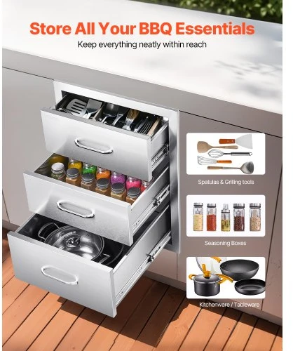 Koduva VEVOR lauko virtuvės stalčiai, 18,11" W x 23,23" D x 23,23" H, nerūdijančio plieno BBQ stalčiai su rankenomis, triguba prieiga