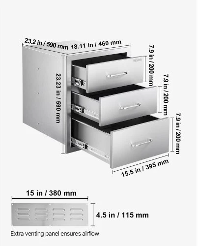 Koduva VEVOR lauko virtuvės stalčiai, 18,11" W x 23,23" D x 23,23" H, nerūdijančio plieno BBQ stalčiai su rankenomis, triguba prieiga