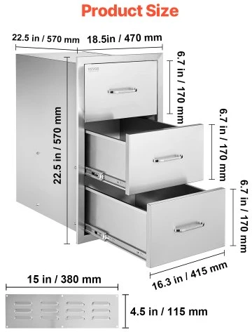 Koduva VEVOR lauko virtuvės stalčiai, 18,5" x 22,5" x 22,5", 3 stalčių, nerūdijančio plieno įleidžiama spintelė