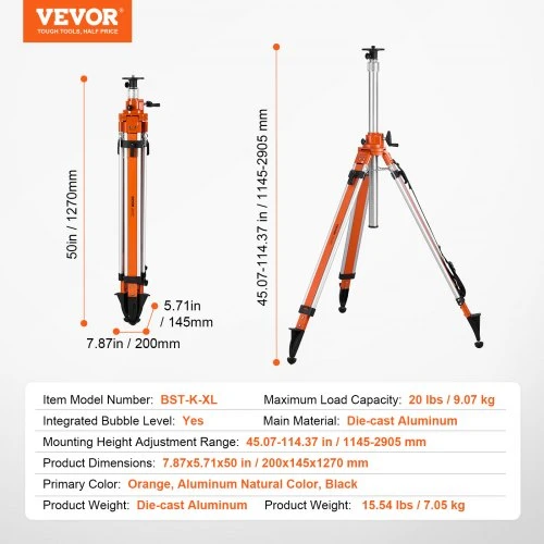 VEVOR Lazerinio gulsčiuko trikojis stovas, 5/8"-11 sriegis, 1145–2905 mm aukščio reguliavimas