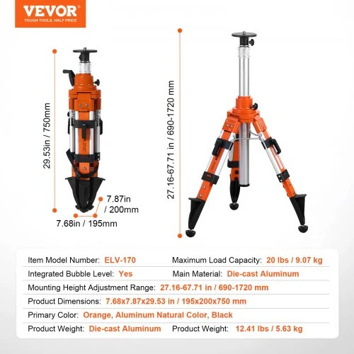 Koduva VEVOR lazerinio nivelyro trikojis stovas, 5/8"-11 sriegis, 690–1720 mm aukščio reguliavimas
