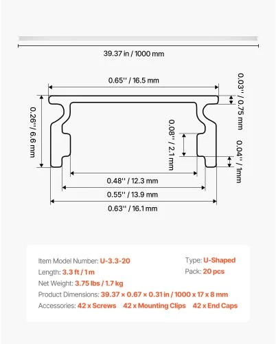 Koduva VEVOR LED aliuminio profilis 20 vnt. 3,3 ft / 1 m U formos, su pienišku dangteliu
