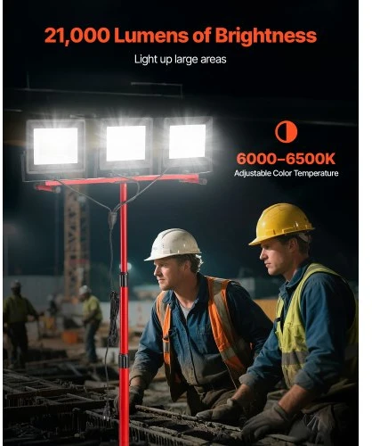 VEVOR LED darbo šviestuvas su stovu, 21000 liumenų, trijų galvų, su atskirais jungikliais, 3,3 m laidu