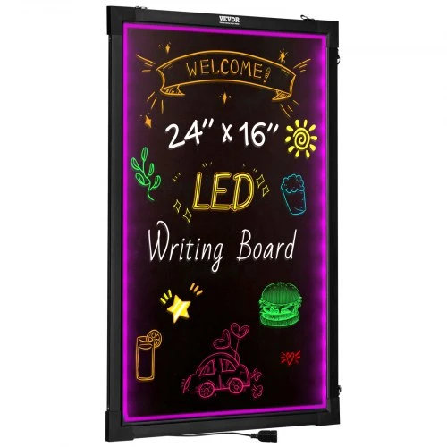 VEVOR LED žinutės rašymo lenta, 24 x 16 colių, su 8 fluorescenciniais kreidelės markeriais ir nuotoliniu valdymu