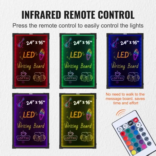 VEVOR LED žinutės rašymo lenta, 24 x 16 colių, su 8 fluorescenciniais kreidelės markeriais ir nuotoliniu valdymu