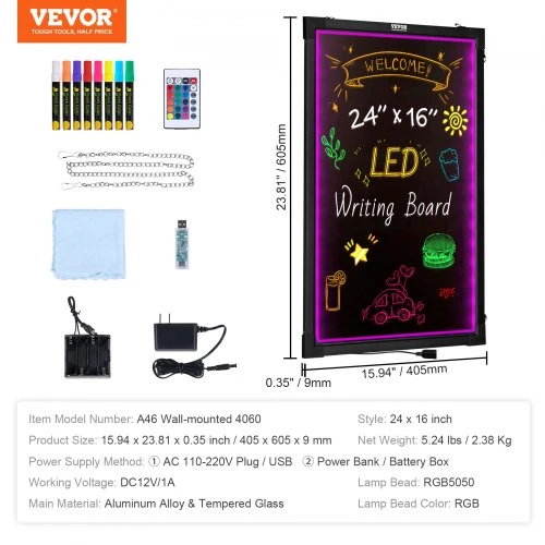 VEVOR LED žinutės rašymo lenta, 24 x 16 colių, su 8 fluorescenciniais kreidelės markeriais ir nuotoliniu valdymu