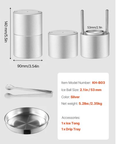VEVOR Ledo rutulių presas 53 mm, 2.1", su žnyplėmis ir lašų padėklu