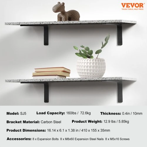 Koduva VEVOR lentynų laikikliai, 16 x 6 in, 4 vnt., sunkios apkrovos, matinės juodos, plieniniai