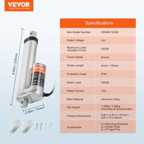 VEVOR Linijinis aktuatorius 12 V, 10 cm eiga, 1500 N, 5 mm/s, IP54