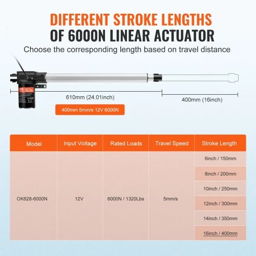 VEVOR Linijinis aktuatorius, 12 V, 40,6 cm, 6000 N, 5 mm/s, IP44