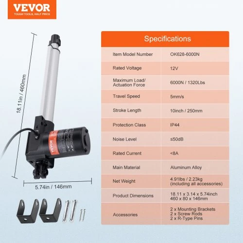 VEVOR Linijinis aktuatorius 12 V, 25,4 cm, 6000 N, 0,5 cm/s, IP44
