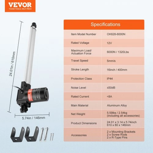 VEVOR Linijinis aktuatorius, 12 V, 40,6 cm, 6000 N, 5 mm/s, IP44