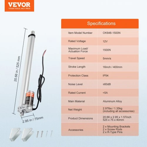 VEVOR Linijinis aktuatorius 12 V, 1500 N, 5 mm/s, IP54