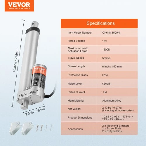 VEVOR Linijinis aktuatorius 12 V, 150 mm eiga, 1500 N, IP54