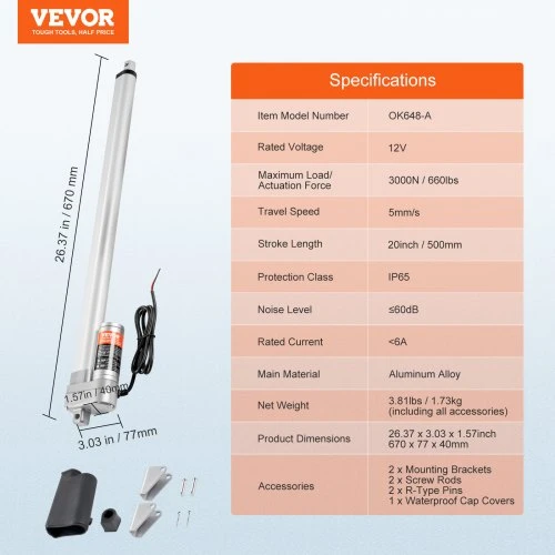VEVOR Linijinis aktuatorius 12 V, 20 colių, IP65, 3000 N