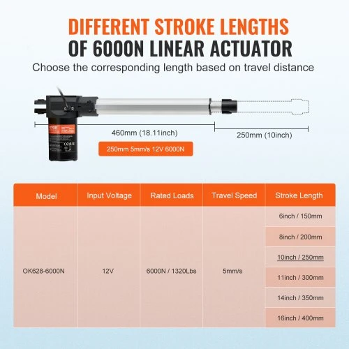 VEVOR Linijinis aktuatorius 12 V, 25,4 cm, 6000 N, 0,5 cm/s, IP44
