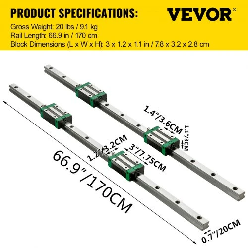 VEVOR Linijinis bėgelis ir guolių blokai, 3 vnt., HSR20, 1700 mm