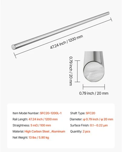 VEVOR Linijinis judesio strypas, 2 vnt., 20 mm x 1200 mm, SFC20 anglinis plienas