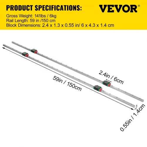 VEVOR Linijinis kreipiamasis bėgis 2 x 15-1500 mm su 4 vežimėlių blokais
