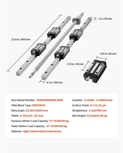 VEVOR Linijinių bėgelių kreiptuvo rinkinys HGR20, 2 vnt. 600 mm bėgeliai, 1 rutulinis sraigtas