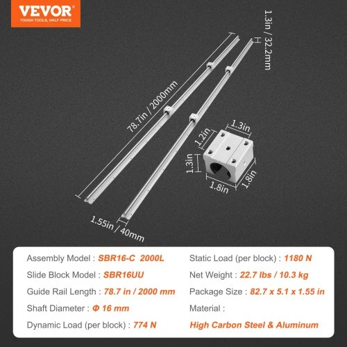 VEVOR Linijinių kreipiančiųjų bėgių rinkinys SBR16, 2000 mm, 2 vnt. bėgiai ir 4 vnt. SBR16UU slankikliai