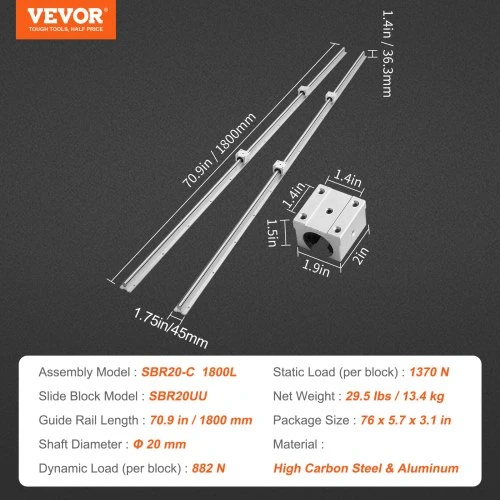 VEVOR Linijinių kreipiančiųjų bėgių rinkinys SBR20, 1800 mm, 2 vnt. bėgiai ir 4 vnt. SBR20UU slankiojantys blokai