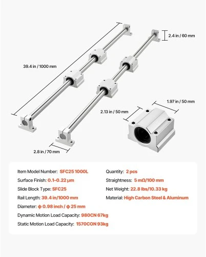 VEVOR Linijinių kreipiančiųjų rinkinys SFC25, 2 vnt. 1000 mm kreipiančiosios ir 4 vnt. slydimo blokai