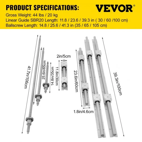 VEVOR Linijinių kreiptuvų bėgių CNC rinkinys SBR20 su 3 RM1605 rutuliniais sraigtais 350/650/1050 mm ir BK/BF12