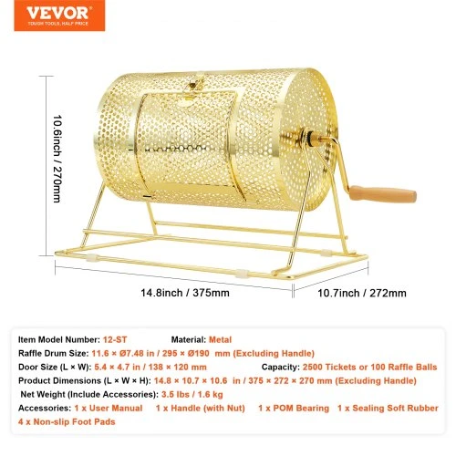 VEVOR Lošimo būgnas 12-ST, metalinis, 295 x Ø190 mm