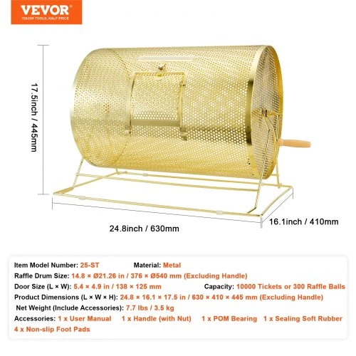 VEVOR Lošimo būgnas 25-ST, metalinis, 376 x Ø540 mm