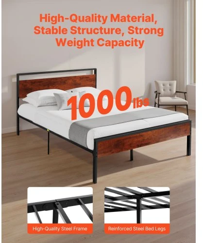 VEVOR Lovos rėmas Queen size, 35 cm, juodas metalinis platforminis lovos rėmas su retro rudos spalvos medine galvūgaliu ir kojūgaliu