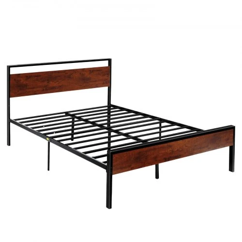 VEVOR Lovos rėmas Queen size, 35 cm, juodas metalinis platforminis lovos rėmas su retro rudos spalvos medine galvūgaliu ir kojūgaliu