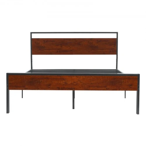 VEVOR Lovos rėmas Queen size, 35 cm, juodas metalinis platforminis lovos rėmas su retro rudos spalvos medine galvūgaliu ir kojūgaliu